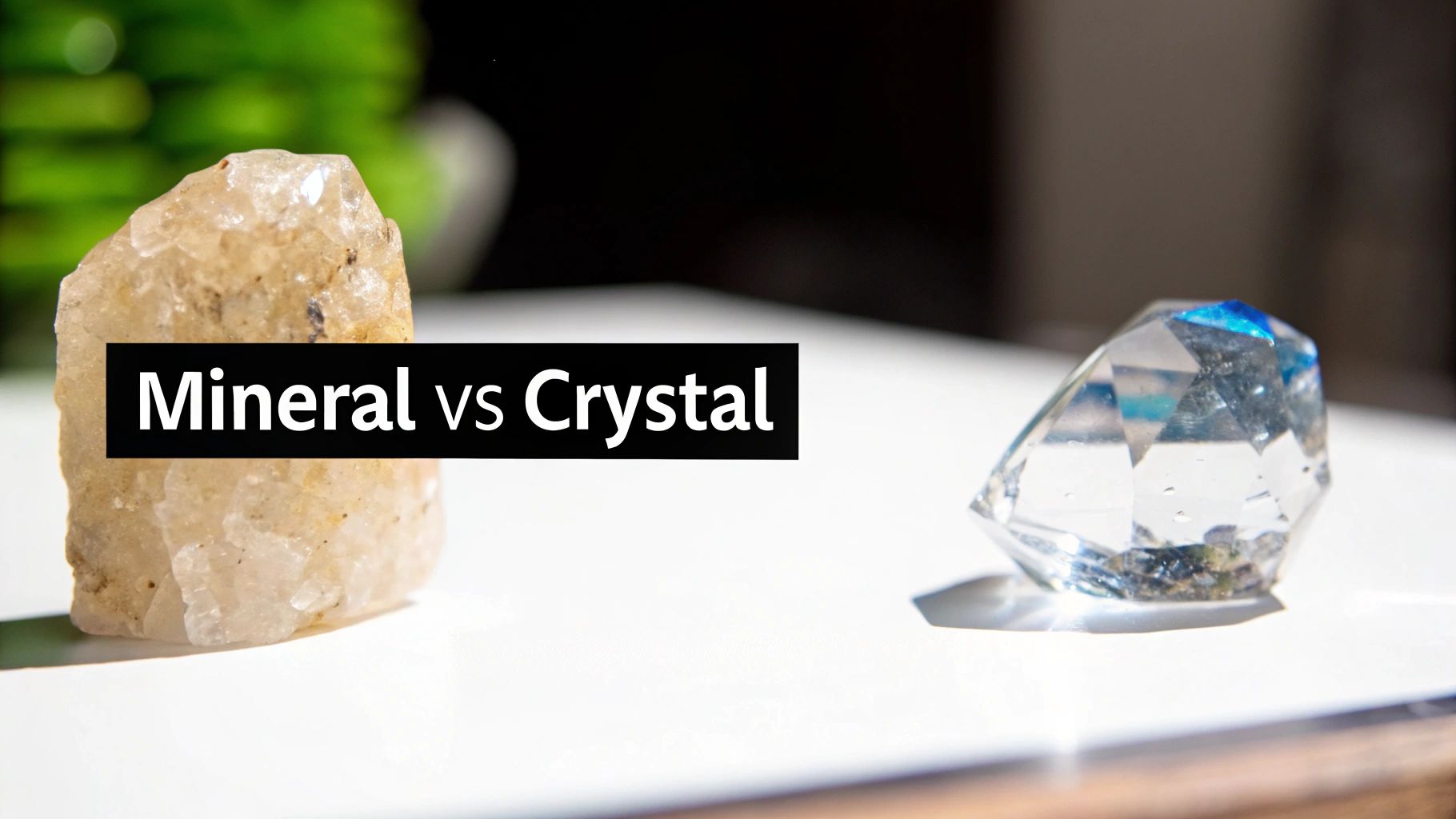 A rough mineral and a clear faceted crystal side-by-side on a white surface.