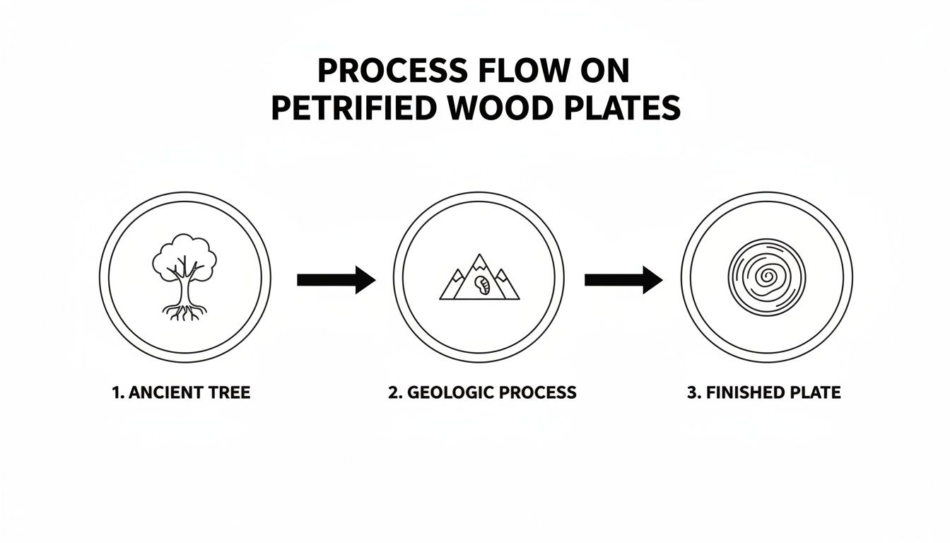 Process flow showing an ancient tree transforming into a finished petrified wood plate.