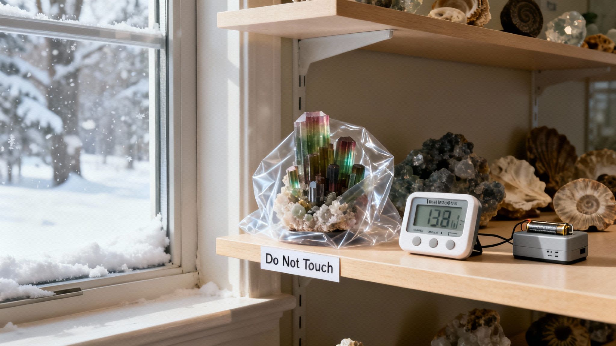 A winter window with snow outside and a shelf displaying colorful crystals, fossils, and a 'Do Not Touch' sign.