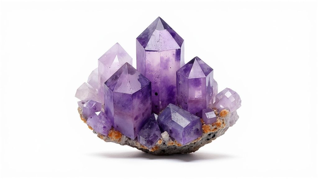 A captivating cluster of vibrant purple amethyst crystals on a rough, earthy base, set against a white background.