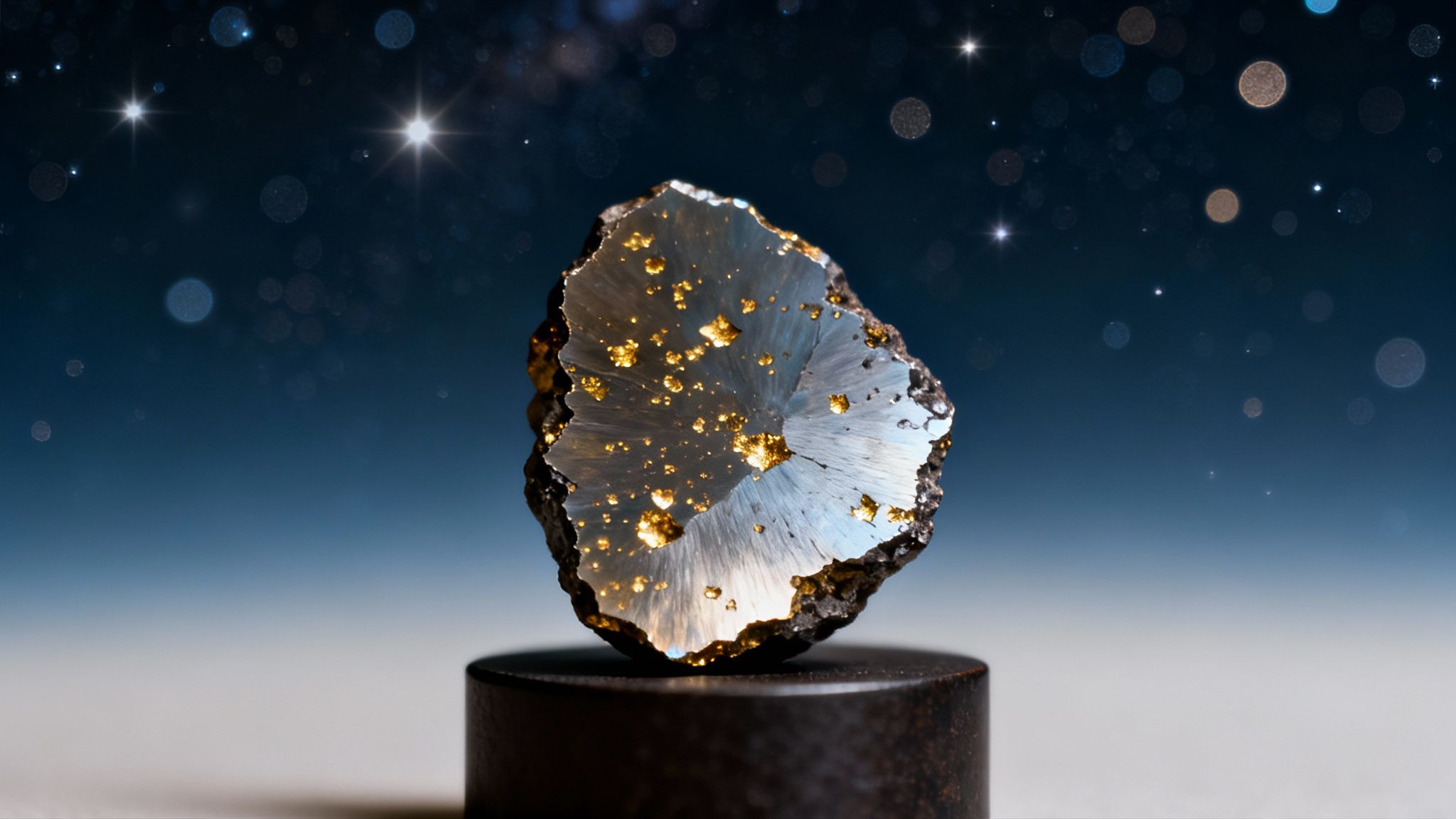A beautiful, fractured metallic rock with shimmering gold flecks on a stand, against a starry blue sky.