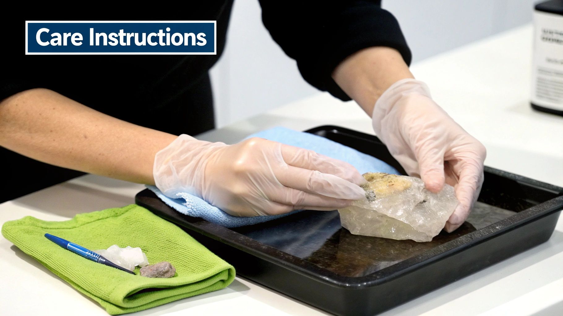 A person wearing protective gloves meticulously cleans a large crystal mineral specimen using a soft cloth.