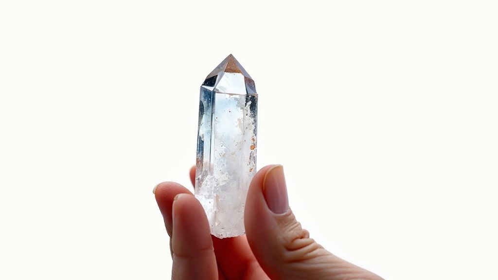 A hand gently holds a beautiful, pointed natural quartz crystal against a white backdrop.