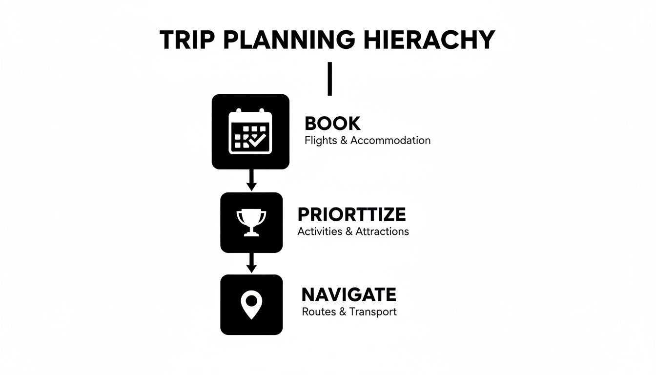 Diagram showing a three-step trip planning hierarchy: Book, Prioritize, and Navigate travel.