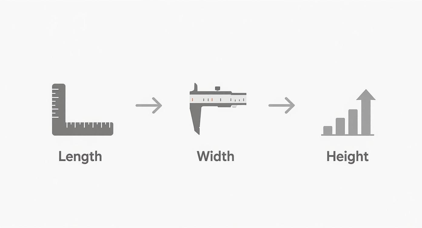 Icons representing length with a ruler, width with a caliper, and height with a bar chart and arrow.