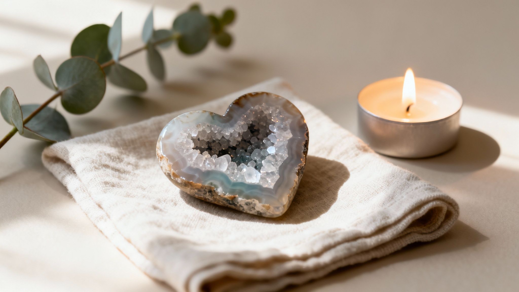 Heart-shaped agate druzy crystal on light fabric, with a lit candle and eucalyptus branch.