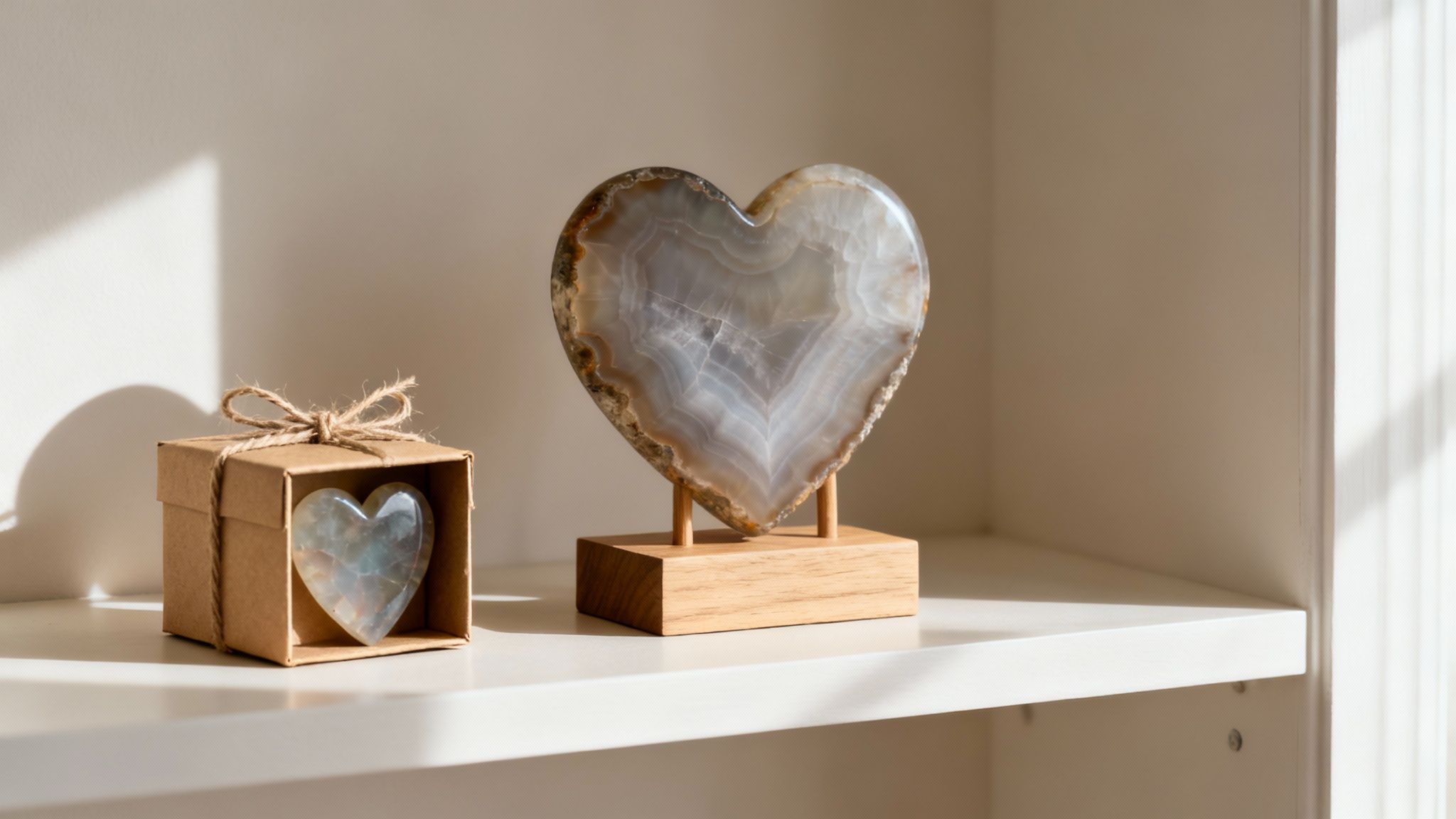 Two heart-shaped agate stones, one large on a stand, one small in a gift box, on a shelf.