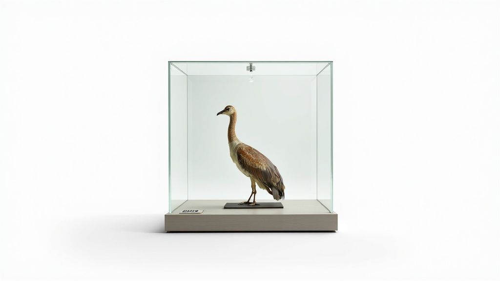 A taxidermied bird specimen, possibly a crane, displayed in a clear glass case with a light brown base on a white background.