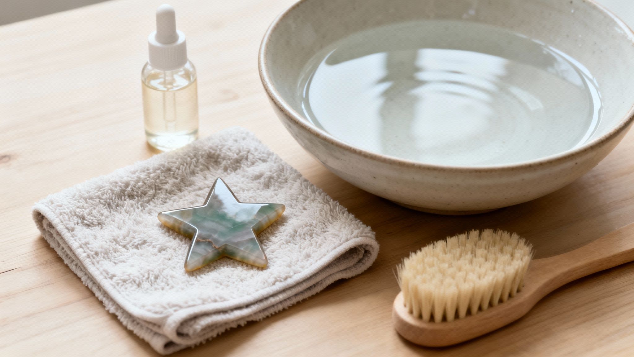 A serene spa setup with an agate star massage tool, oil, water, towel, and dry brush.