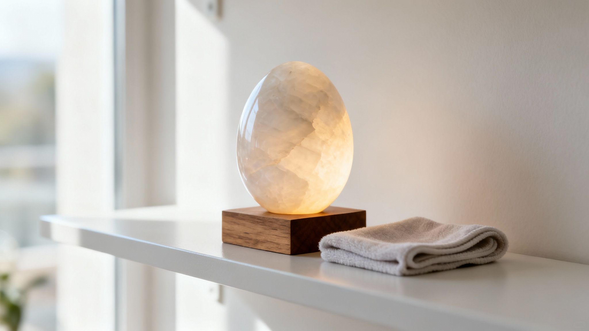 An egg-shaped moonstone lamp glows softly on a wooden base next to a folded towel on a shelf.