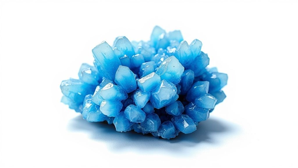 Close-up of a vibrant cluster of blue crystals with many facets on a white background.