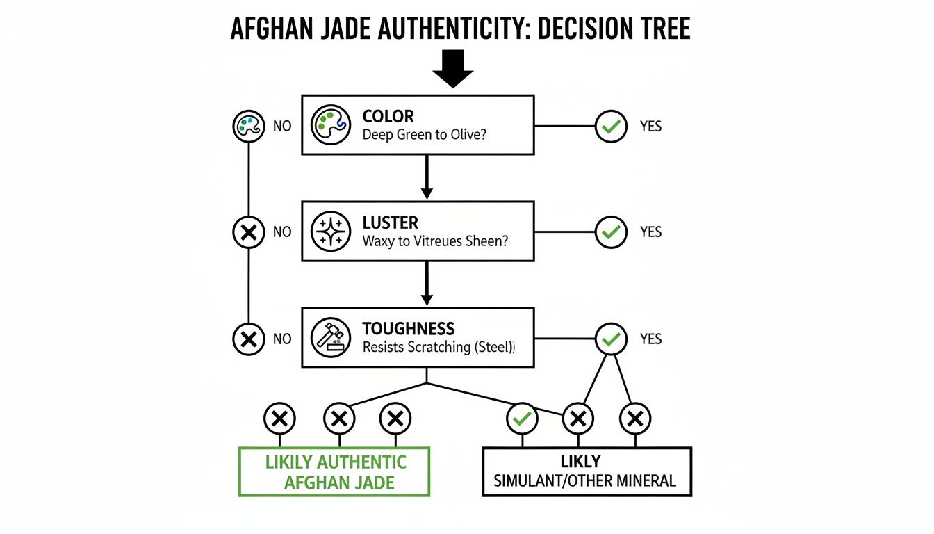 A decision tree diagram for determining Afghan jade authenticity based on color, luster, and toughness.