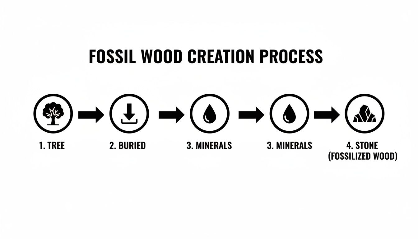Flowchart illustrating the fossil wood creation process from a tree to fossilized stone.