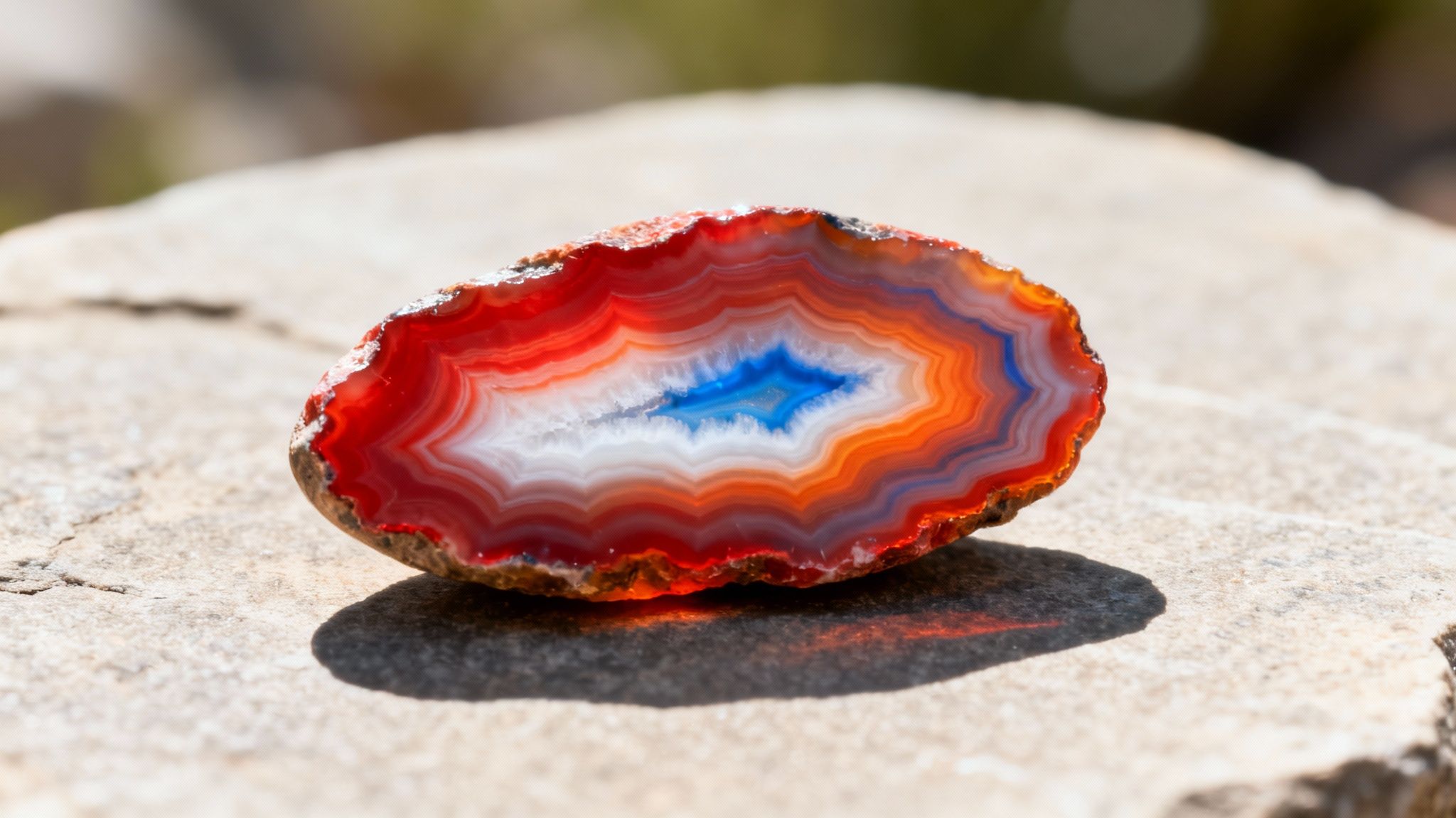 A vibrant red, orange, white, and blue agate stone slice on a textured rock surface.
