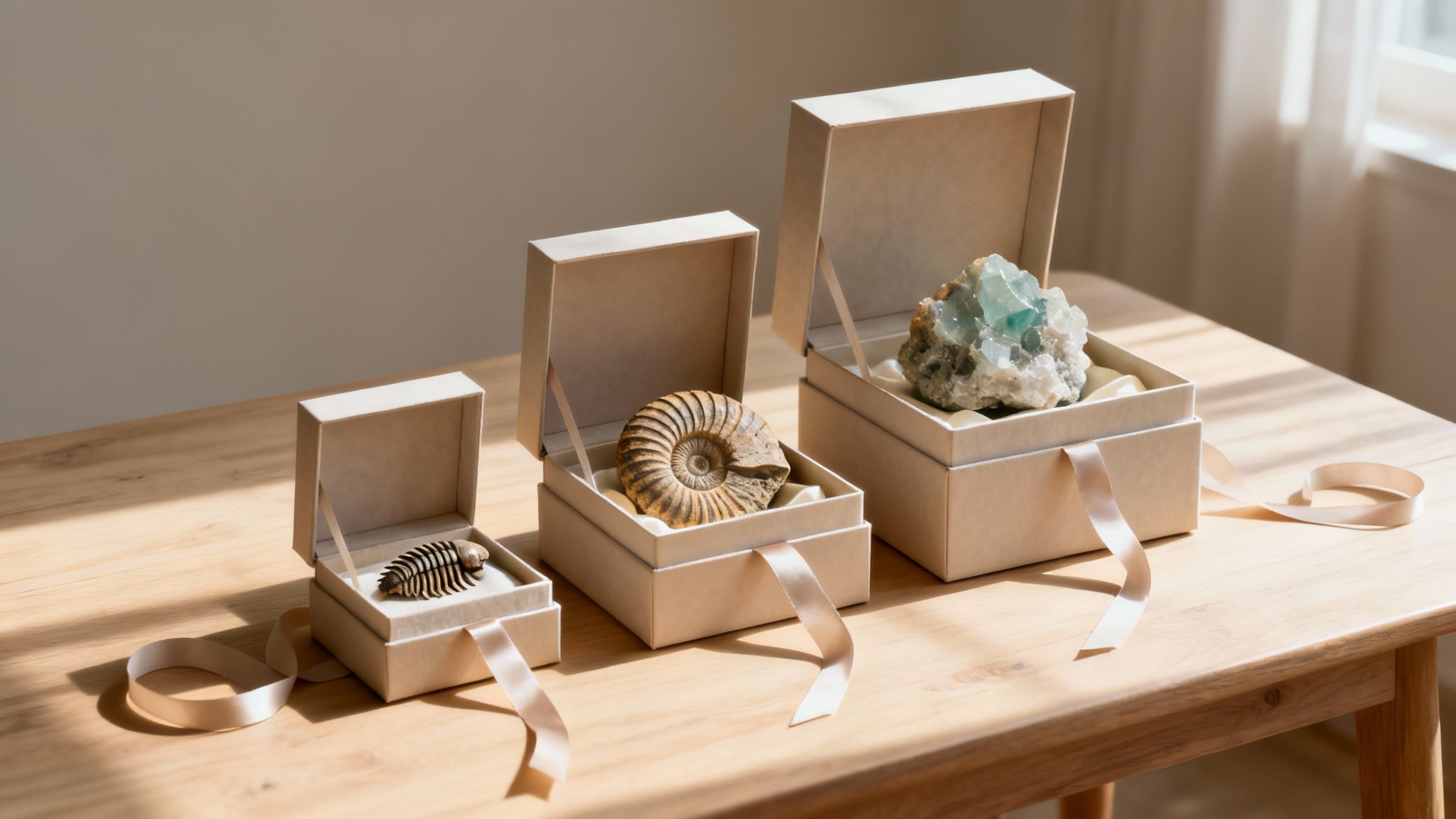 Three open gift boxes showcasing unique natural history items on a sunlit wooden table.