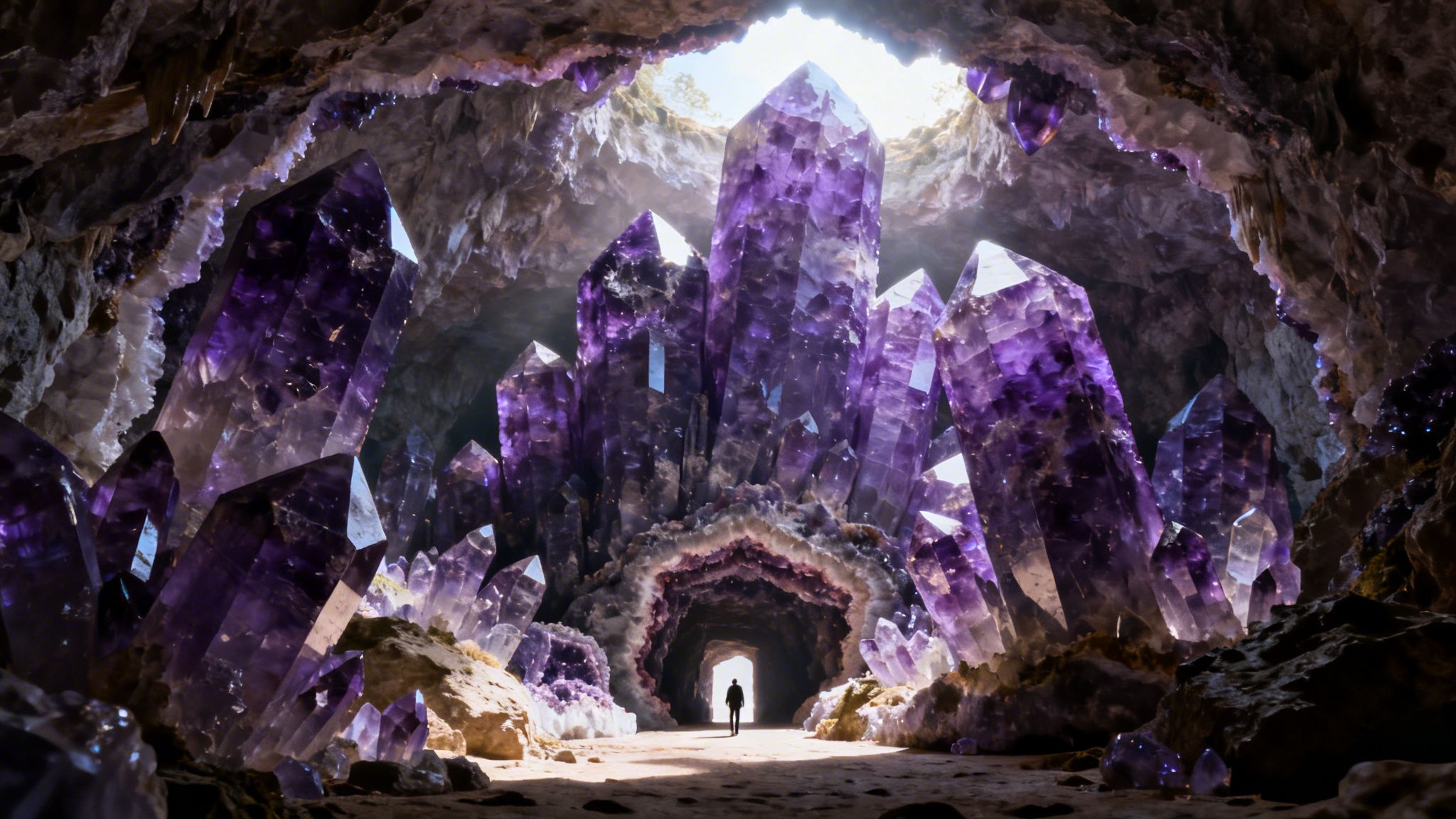 A breathtaking view inside a cave adorned with huge, radiant purple amethyst crystals, with a person silhouetted in a distant archway.