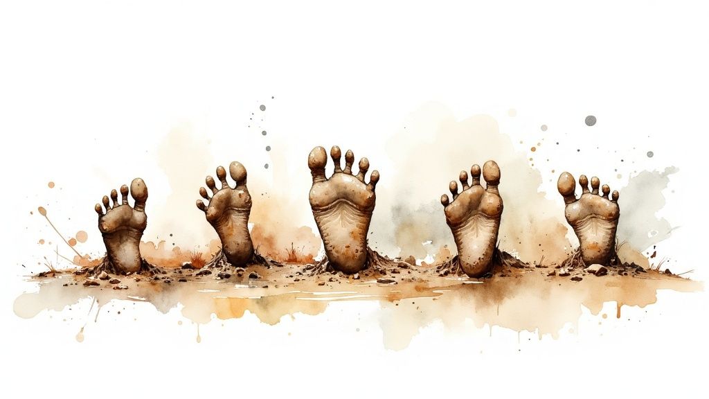 Dinosaur footprints preserved in rock, showing a clear trackway.
