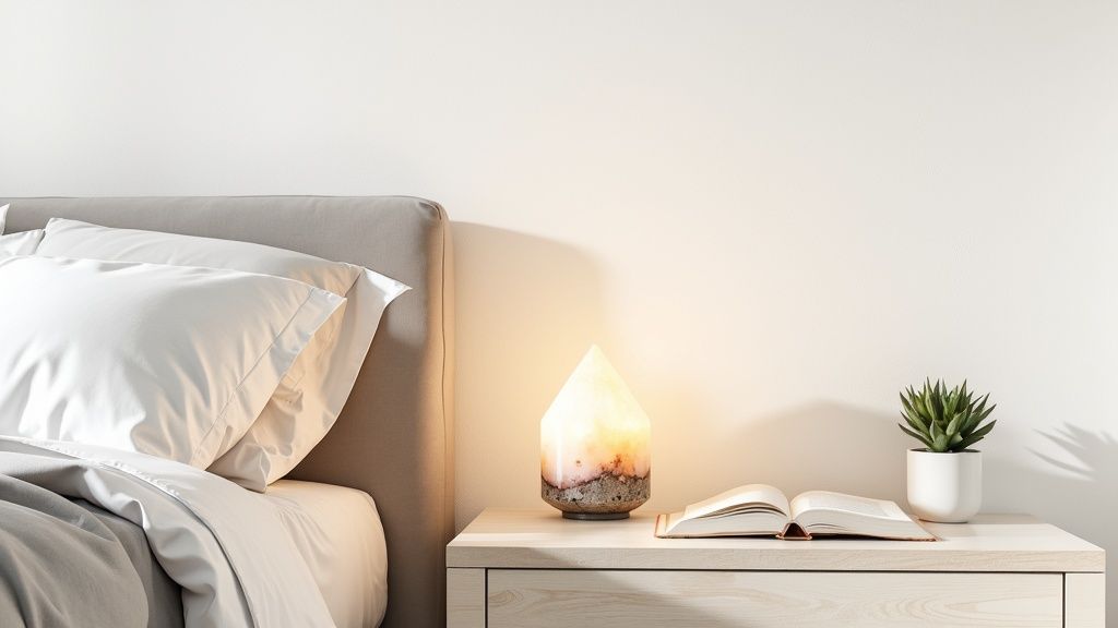 A glowing selenite lamp on a nightstand, casting a warm light in a bedroom.