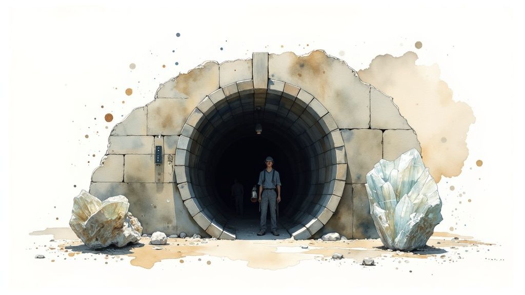 Watercolor illustration of a person standing at the entrance of a historic mining tunnel