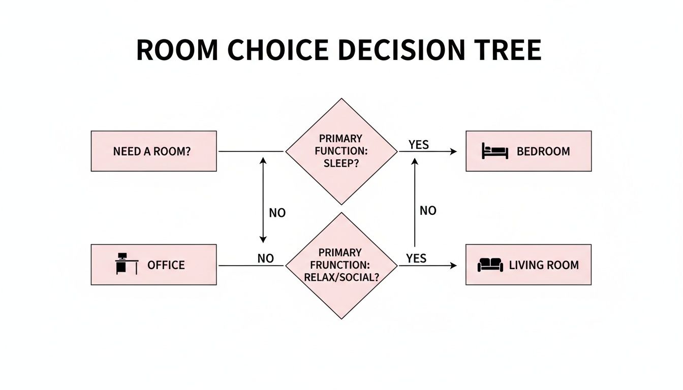 A decision tree flowchart illustrating room choices (Bedroom, Office, Living Room) based on primary functions: sleep, relax/social.