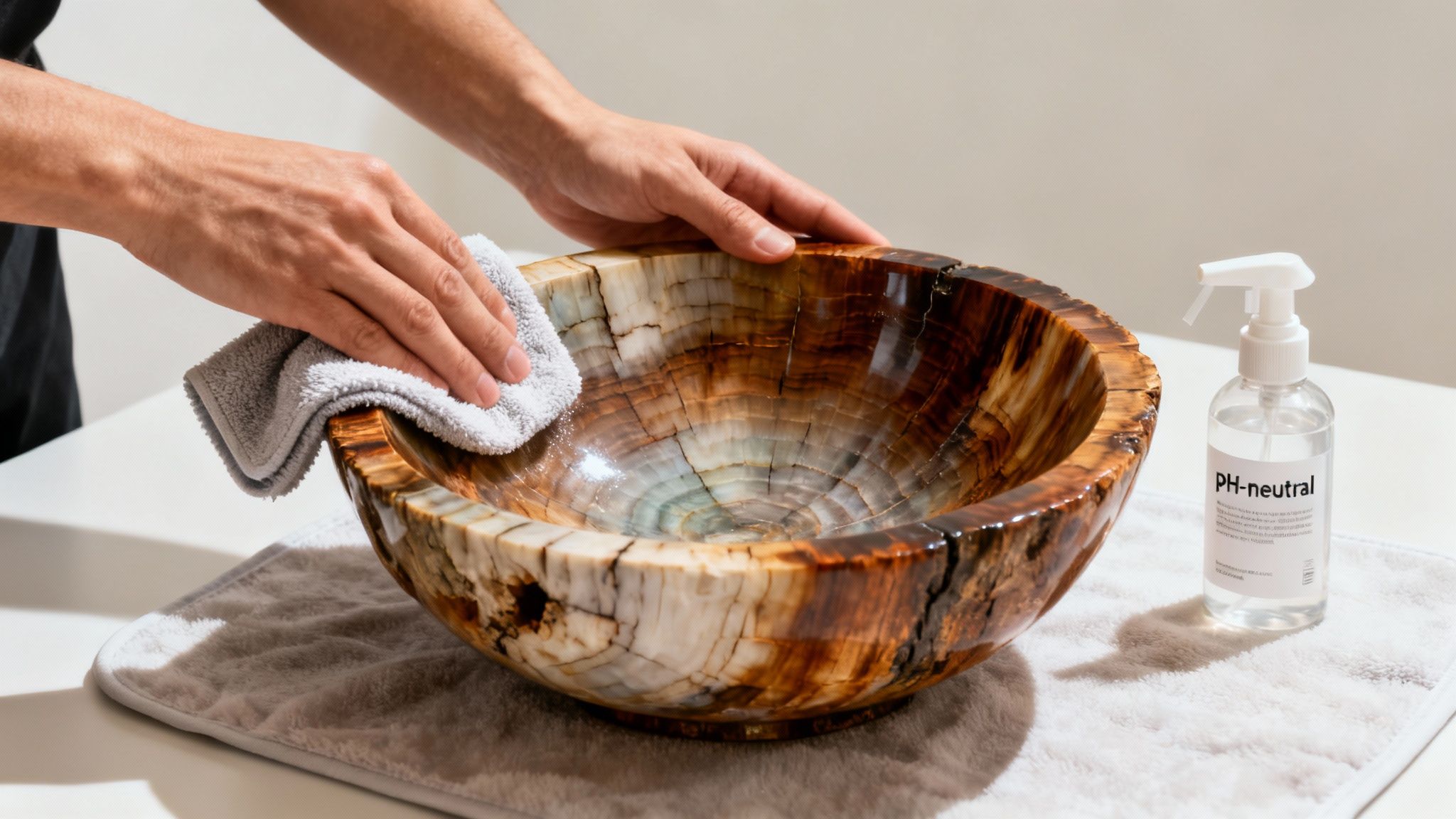 A person carefully cleans a beautiful petrified wood bowl with a soft grey cloth and PH-neutral spray.