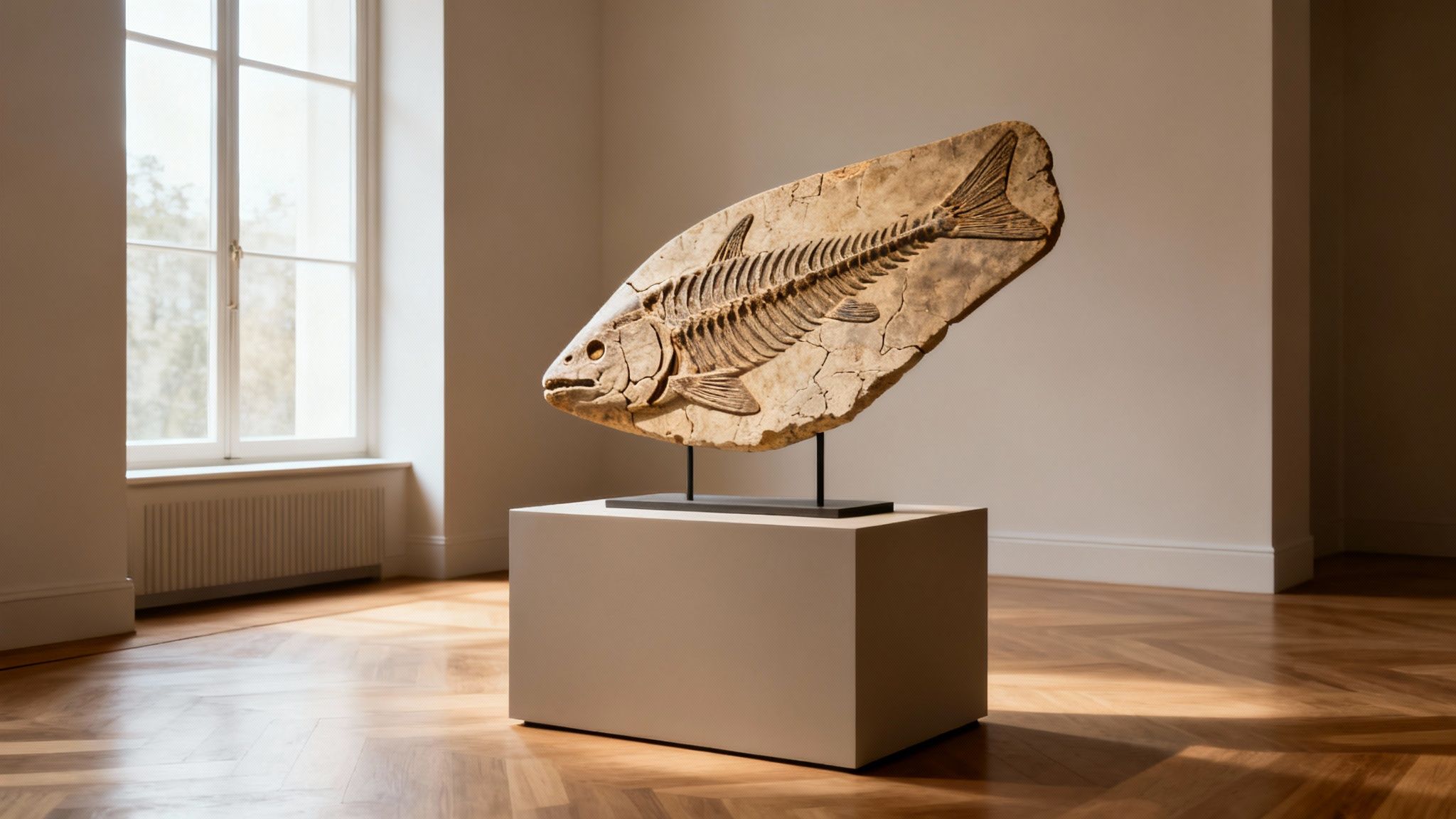 A detailed fossilized fish skeleton embedded in rock, displayed on a stand in a bright gallery.