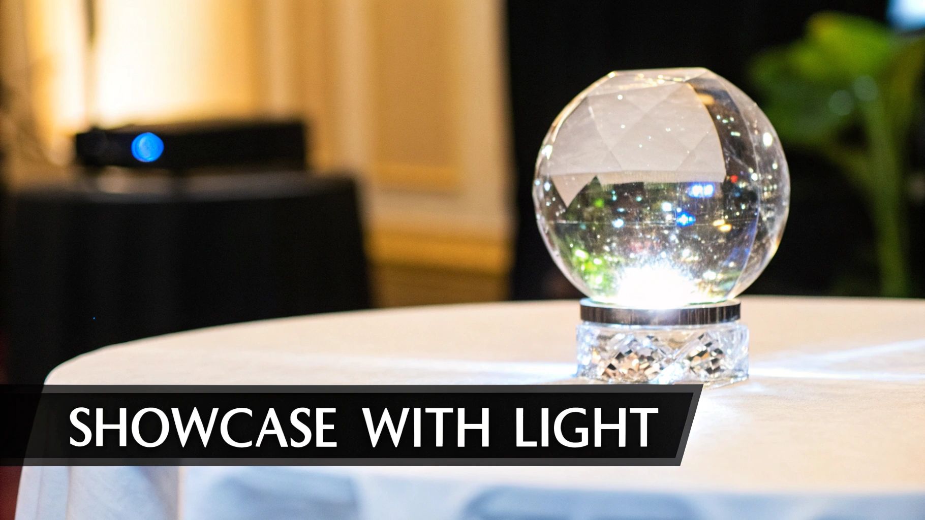 A captivating close-up of a faceted crystal sphere with a luminous base, creating a sparkling light display on a white tablecloth.