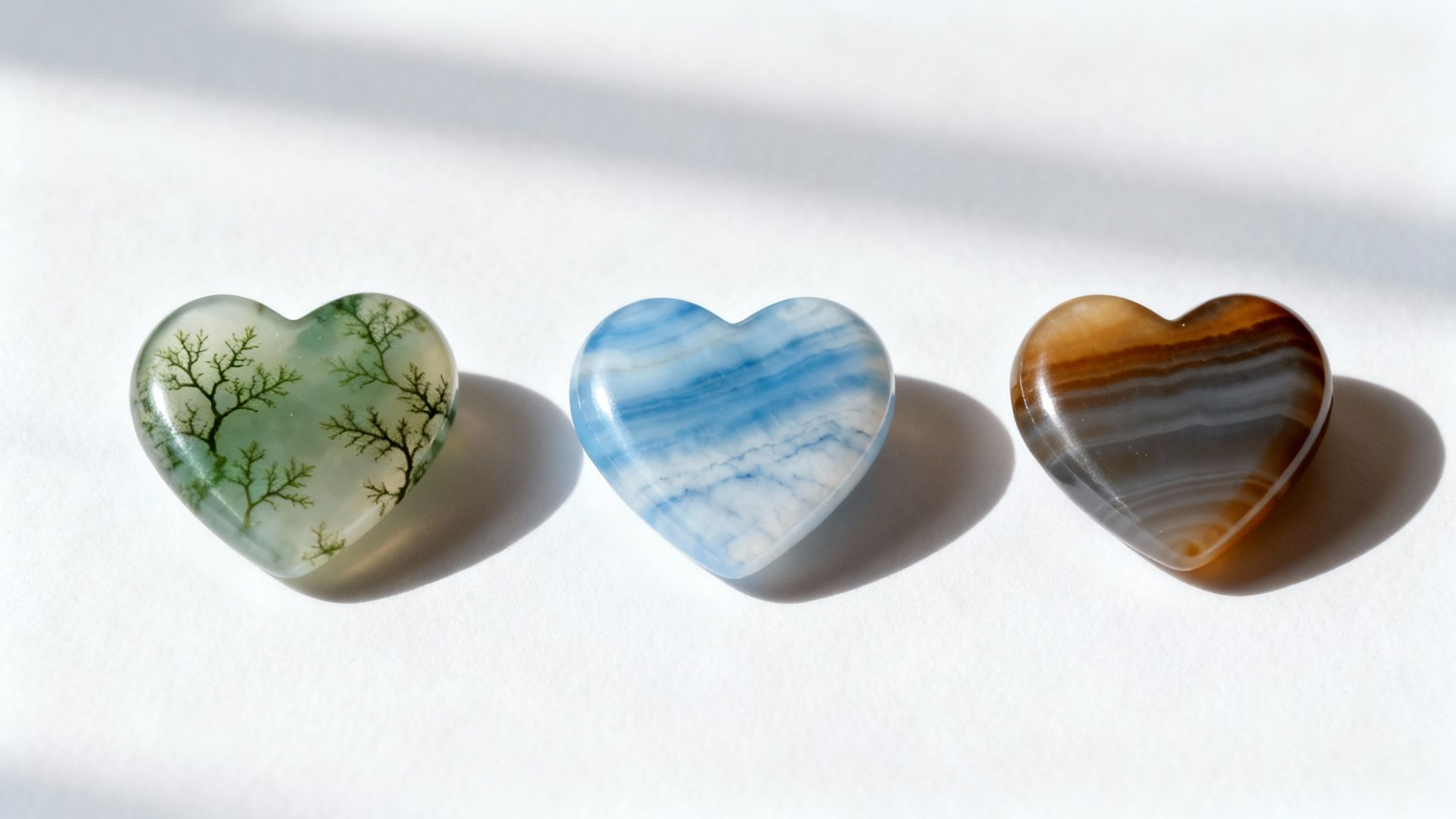Three polished heart-shaped agate stones in green, blue, and brown on a white surface.
