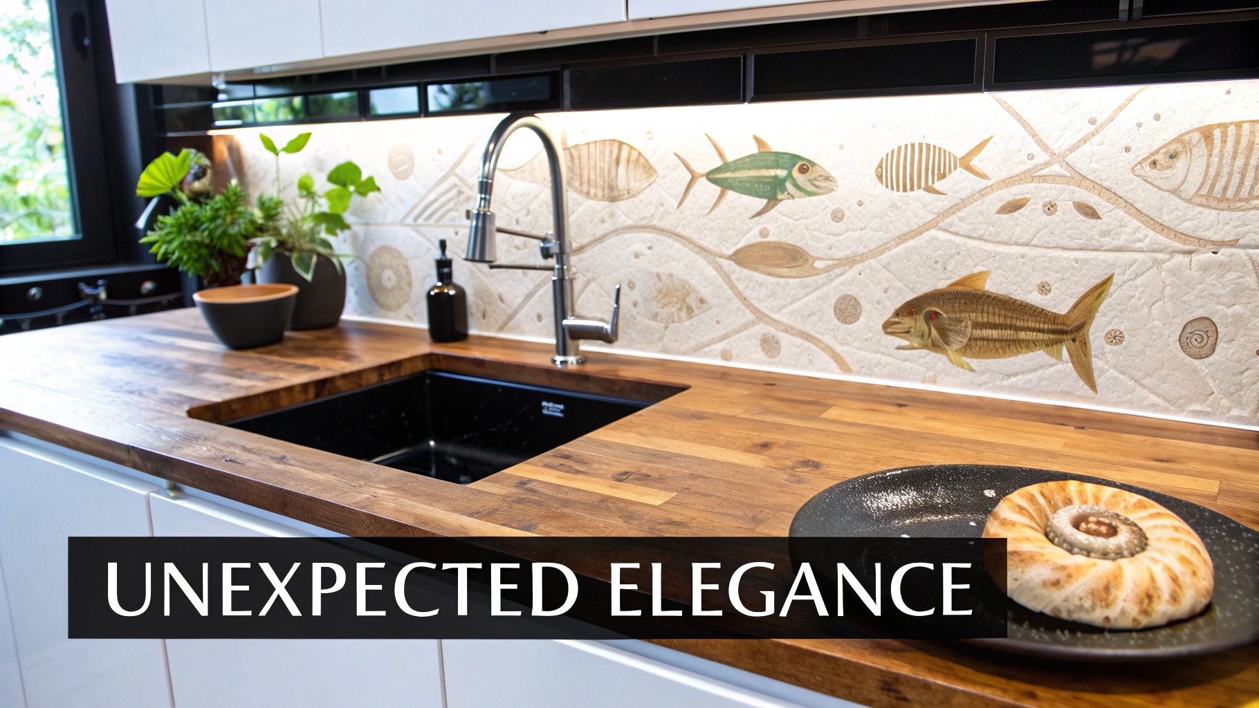 Modern kitchen with a wooden countertop, black sink, and a unique backsplash featuring fossil-themed fish and seaweed patterns.