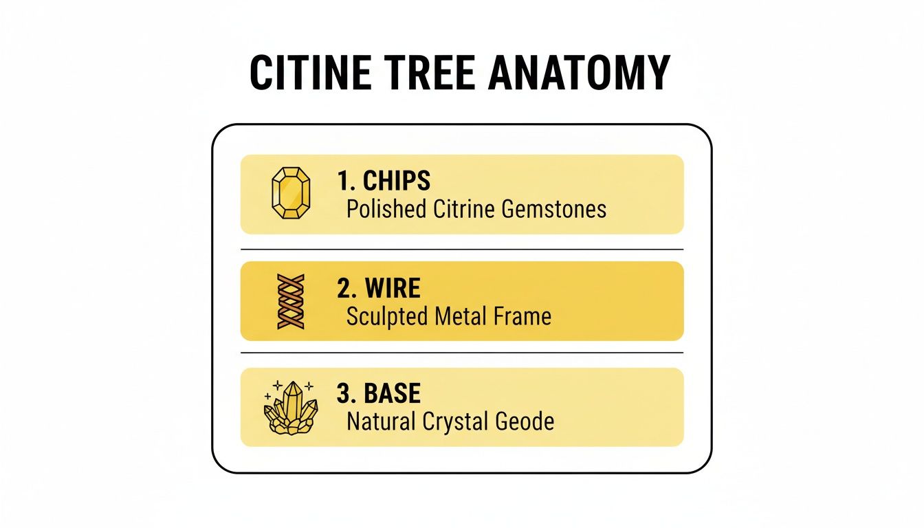Infographic showing the anatomy of a Citrine Tree, detailing its gemstone chips, wire frame, and crystal geode base.