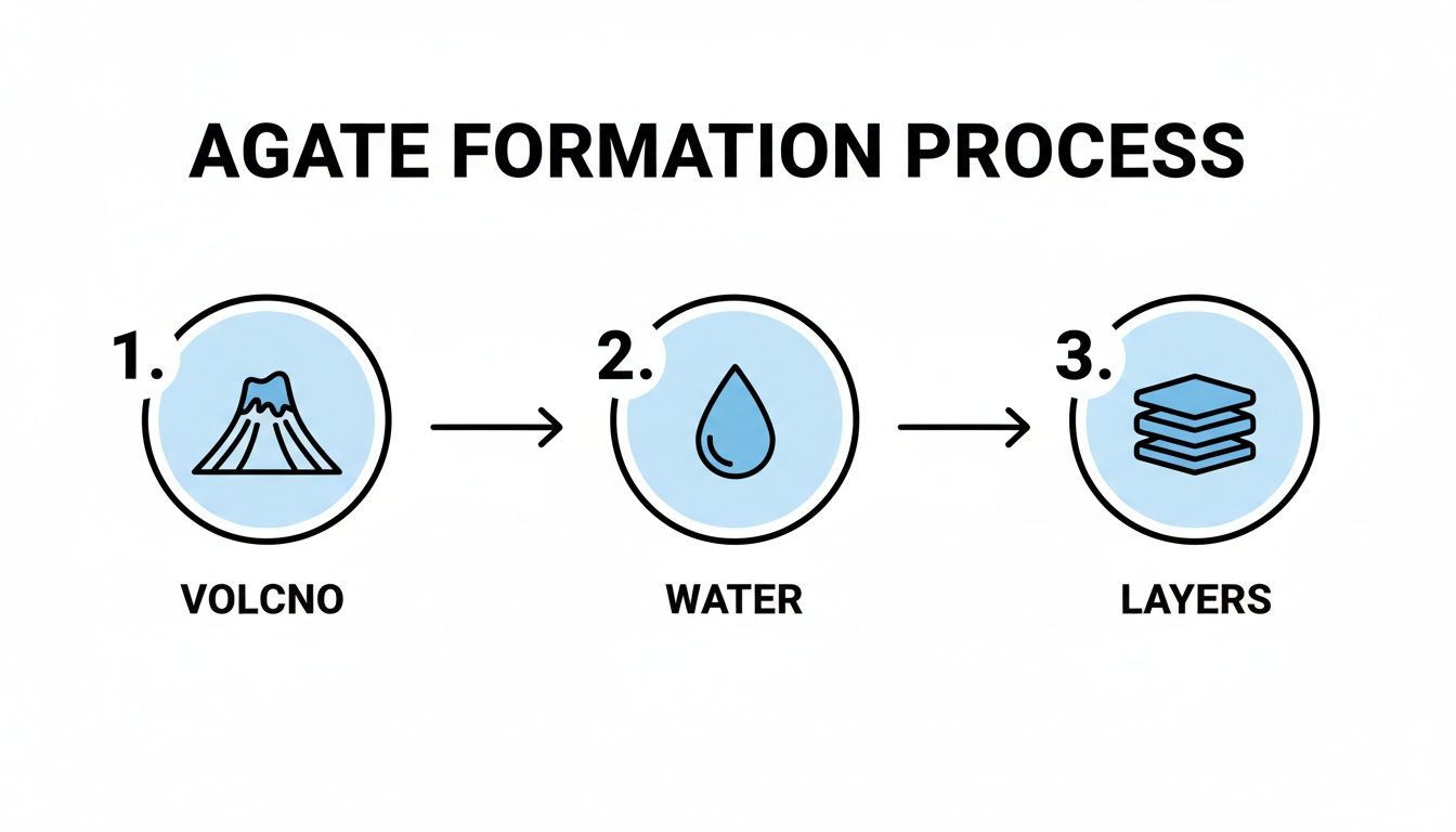 Diagram illustrating the agate formation process with icons for volcano, water, and layers.