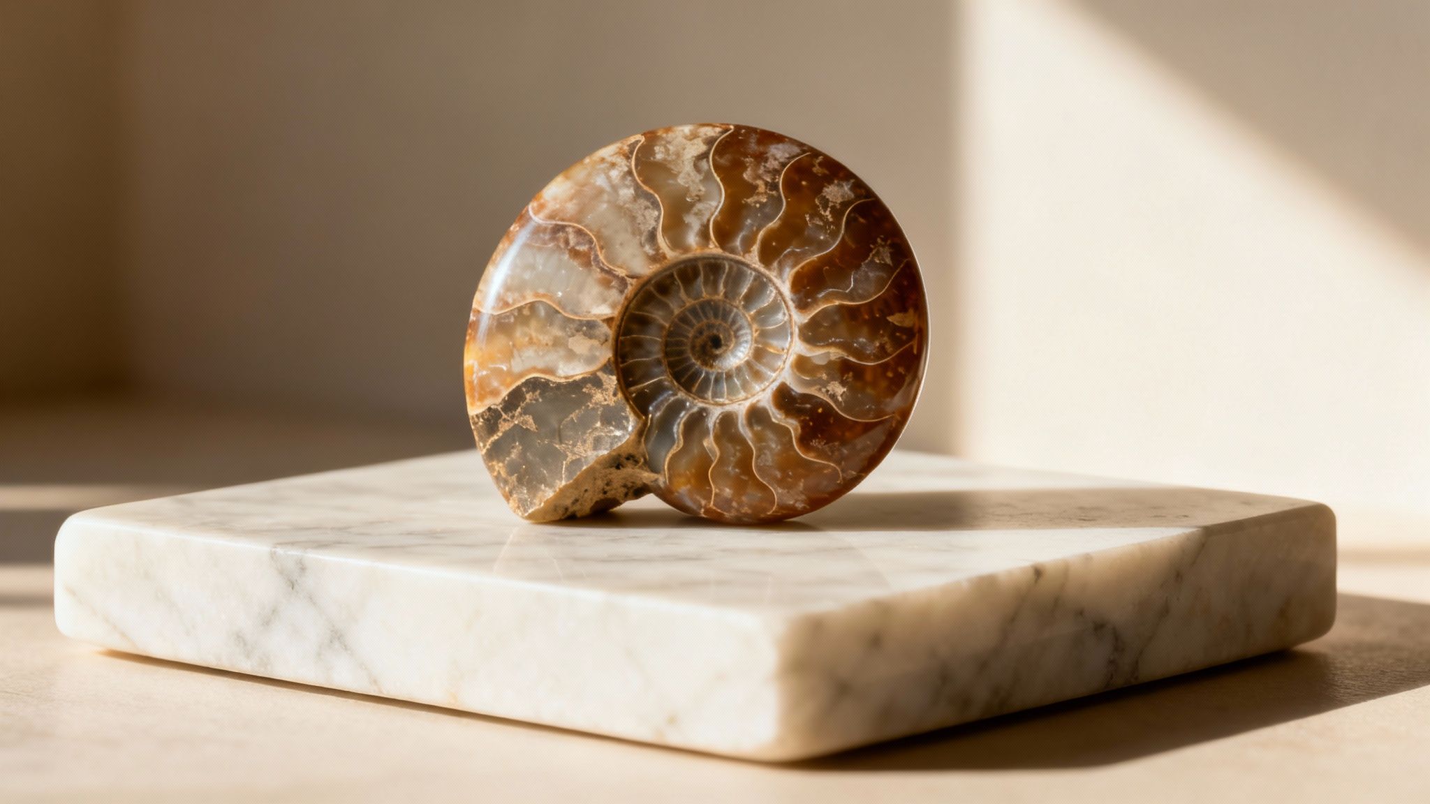 A beautiful cut ammonite fossil displaying its inner spiral chambers sits on a white marble slab.
