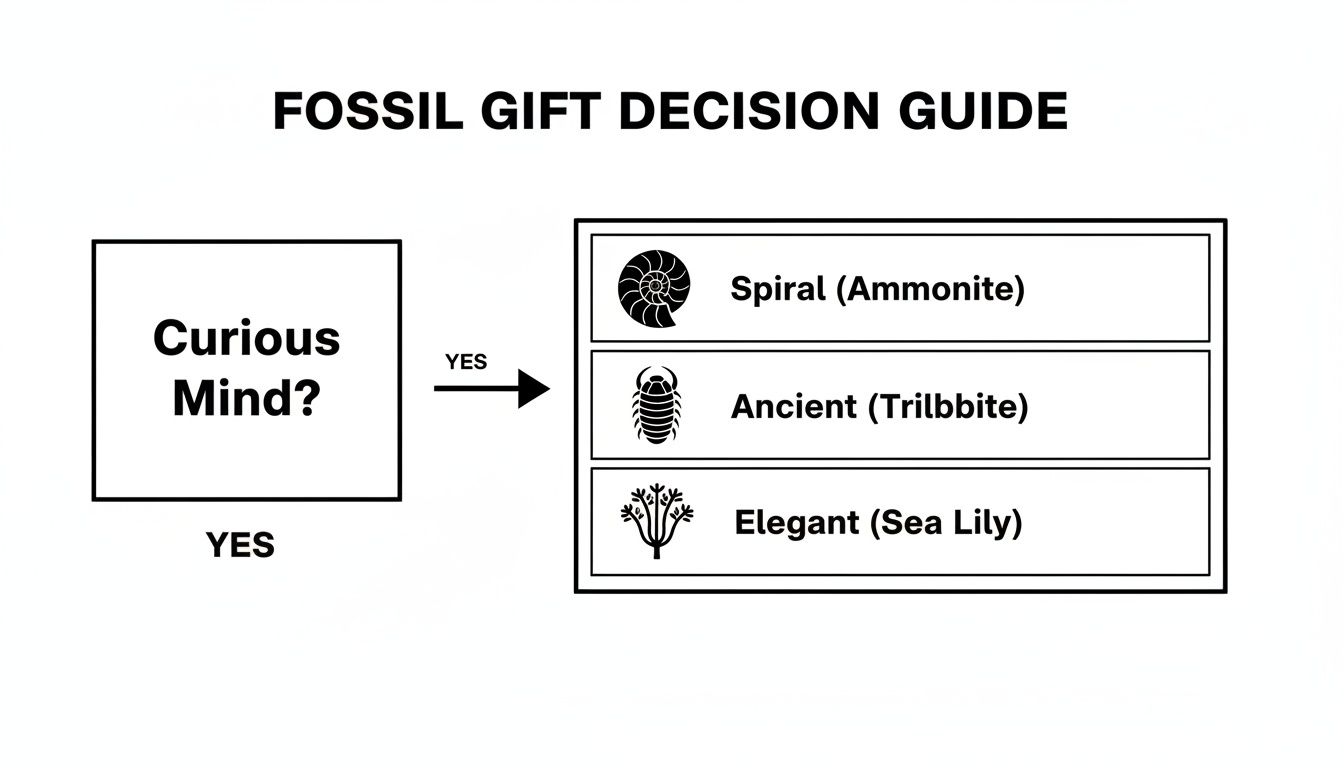 A fossil gift decision guide helps choose between ammonite, trilobite, and sea lily based on a curious mind.