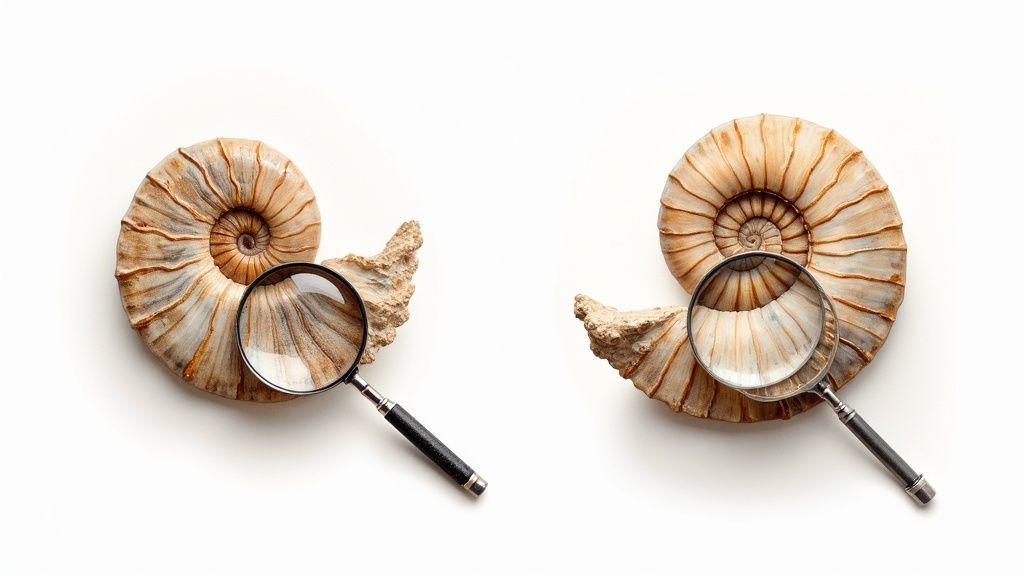 Magnifying glass examining a fossil on a laptop screen