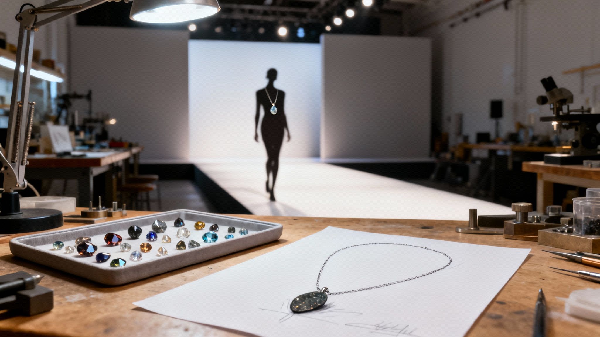 Jewelry designer's desk with gems and a sketch, a model on a runway showcasing a necklace.