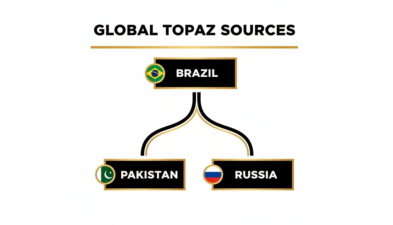 A diagram illustrating global topaz sources, with Brazil as the main source, leading to Pakistan and Russia.