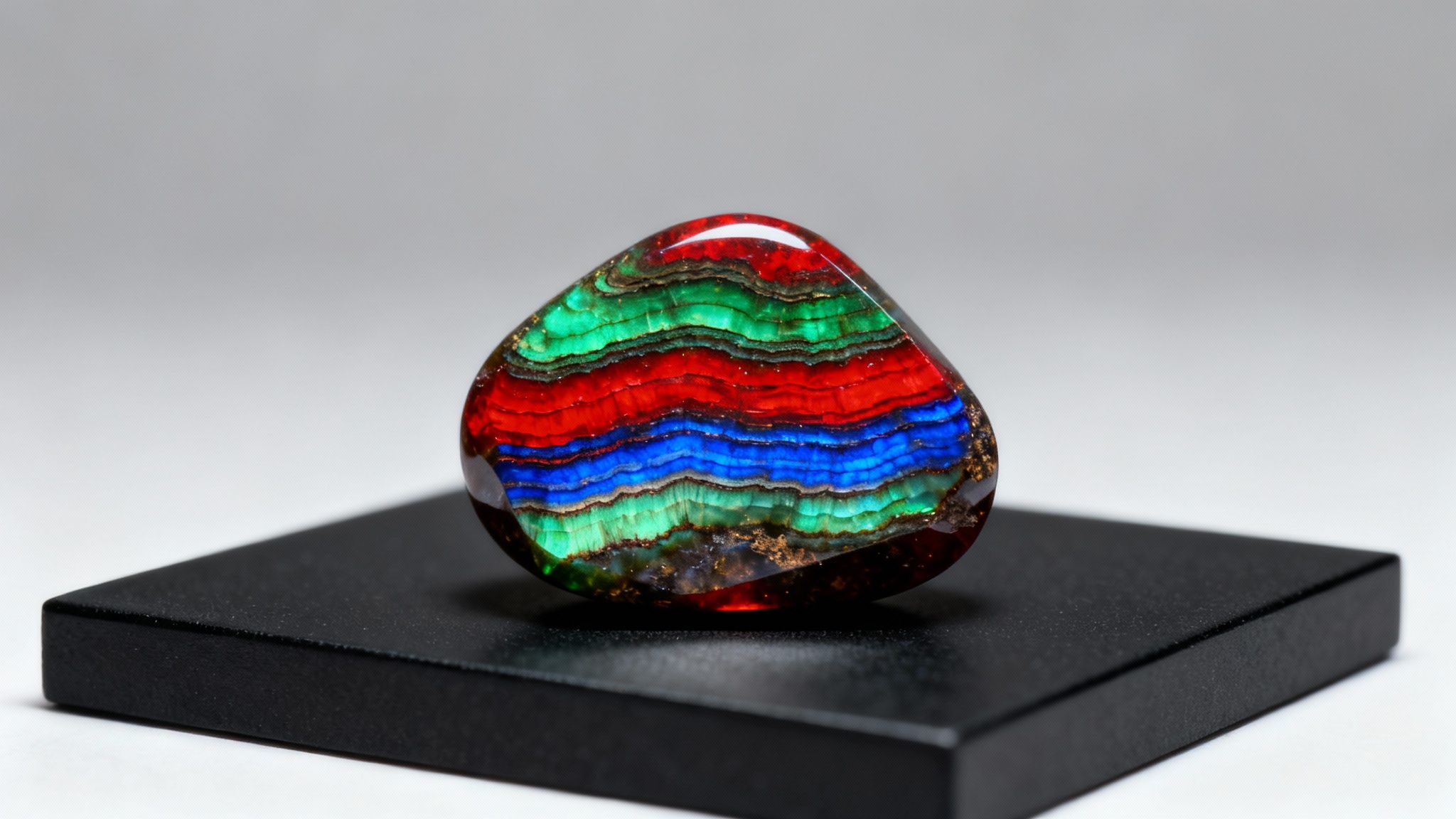 A vibrant, polished fossil displays striking red, blue, and green striped patterns on a black stand.