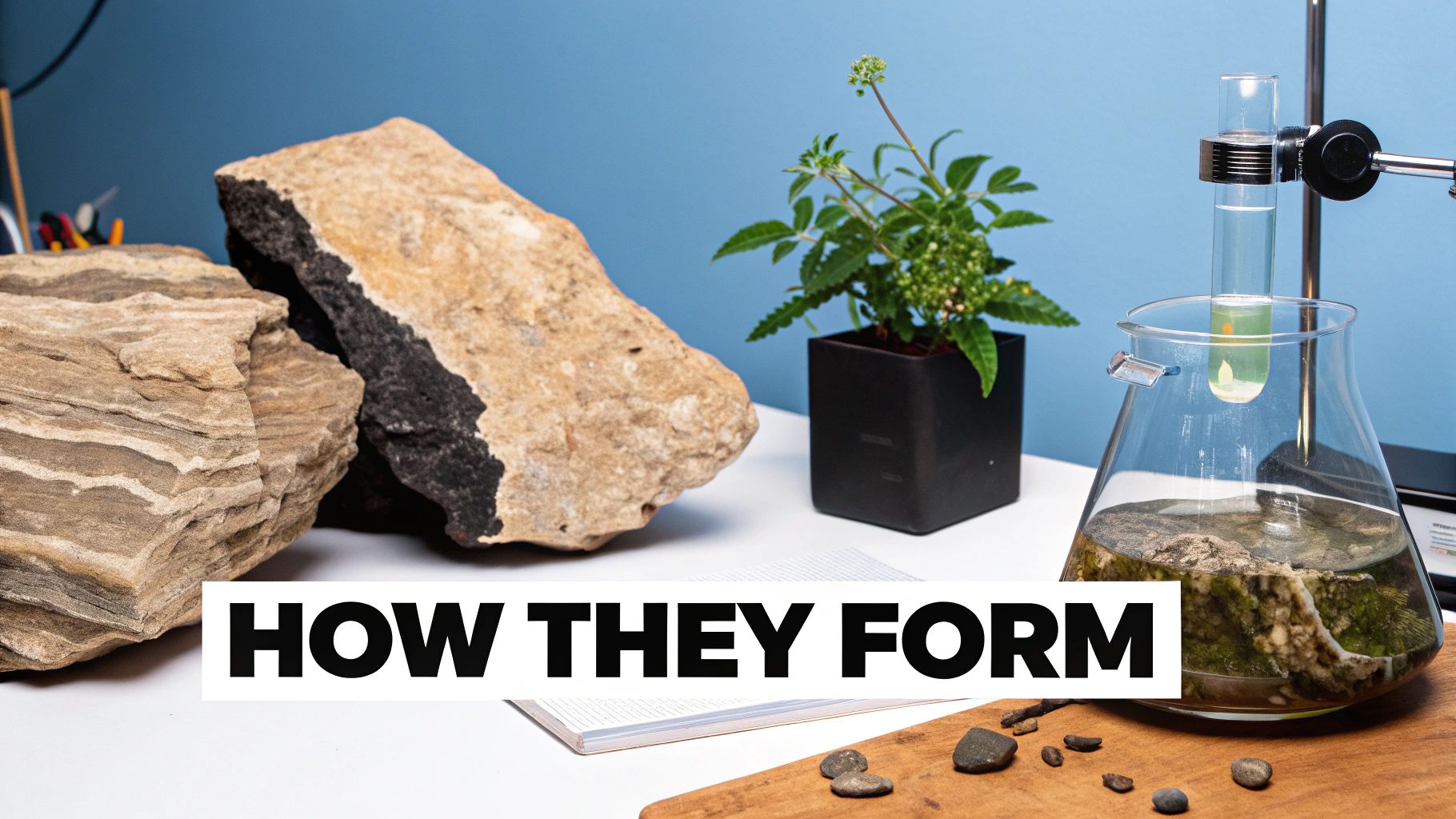 A scientific display on a table with various rocks, a potted plant, and laboratory glassware with a liquid.