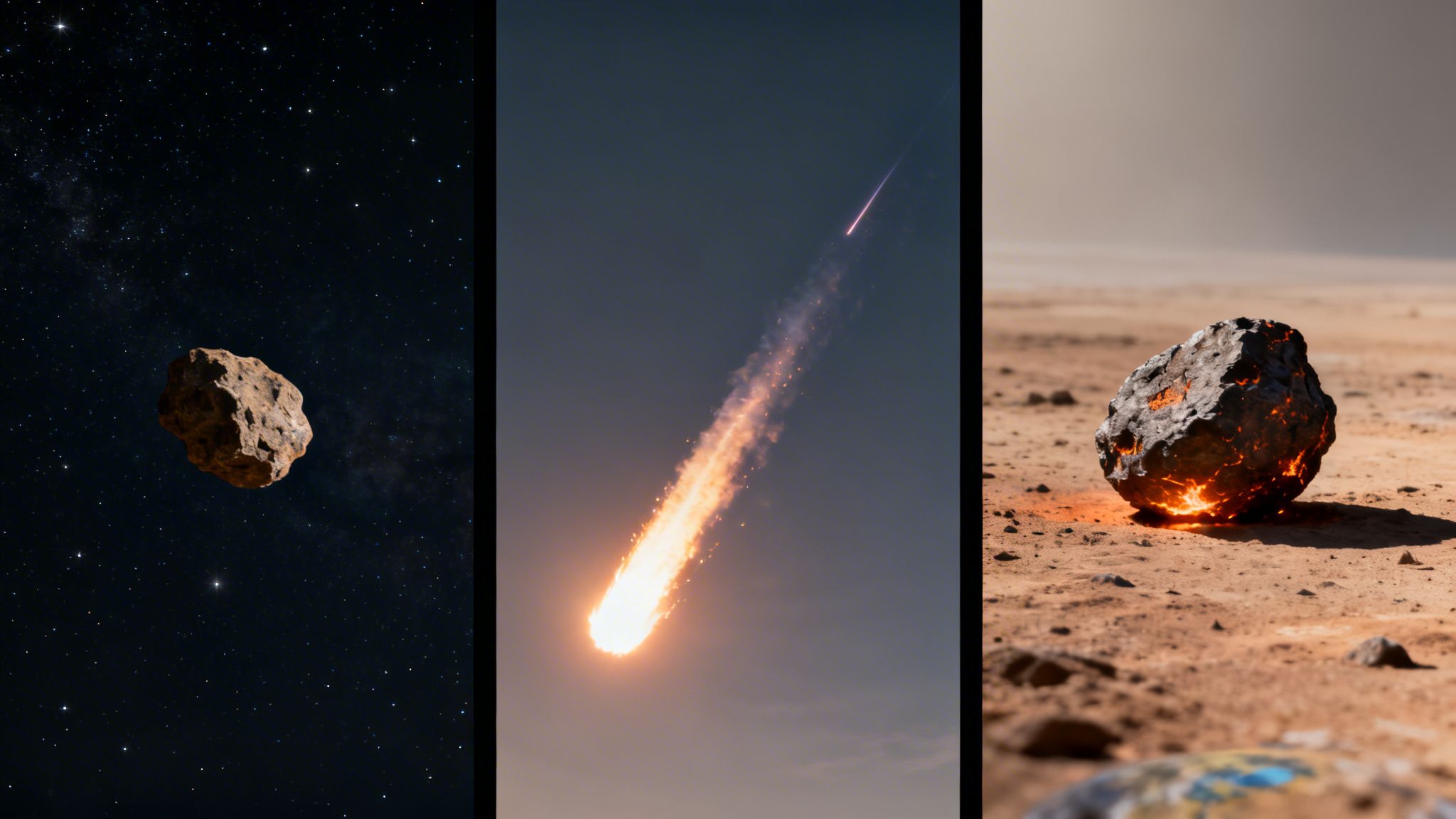 Three panels illustrating a space rock in space, a meteor streaking through atmosphere, and a glowing meteorite post-impact.