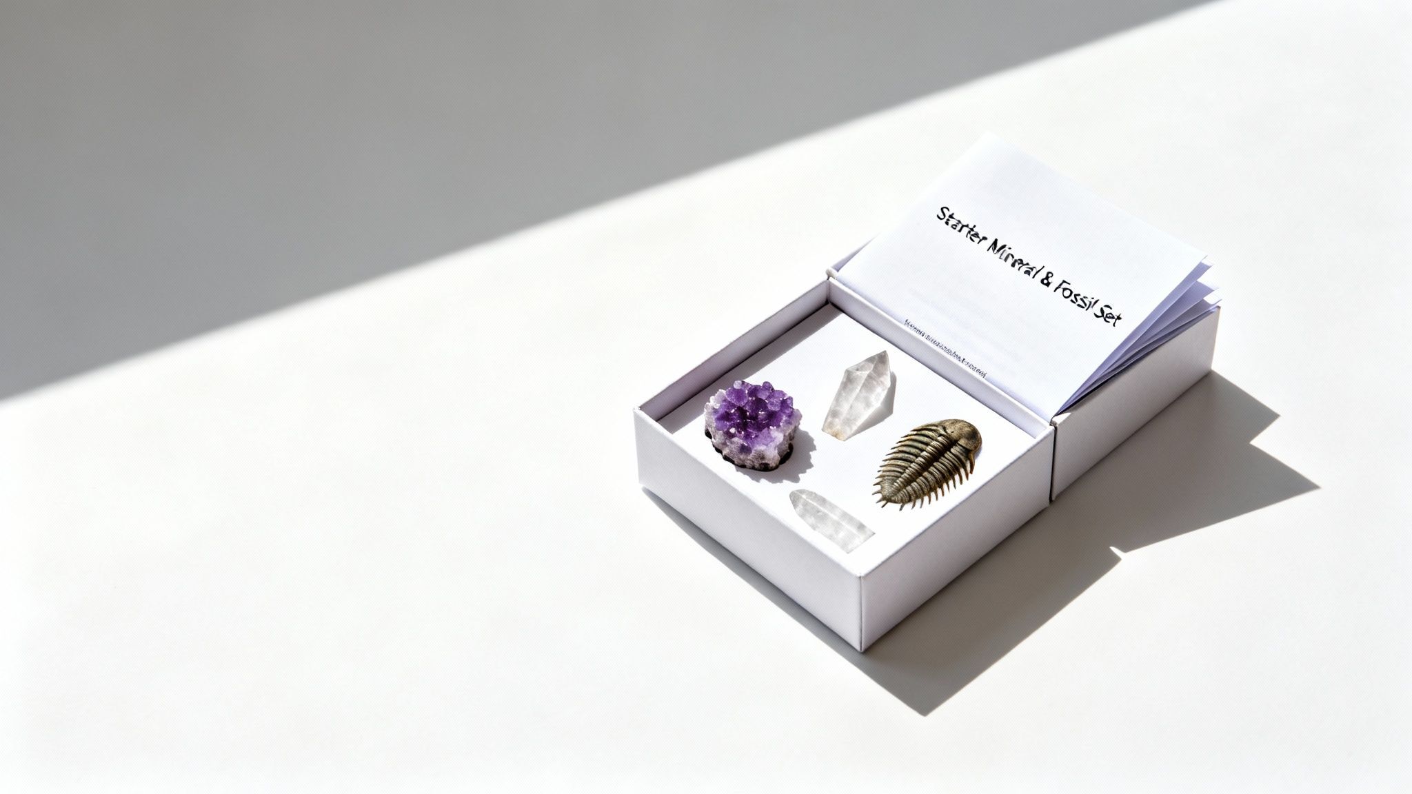 A white box open to reveal an amethyst geode, quartz crystals, a trilobite fossil, and a fossil set booklet.