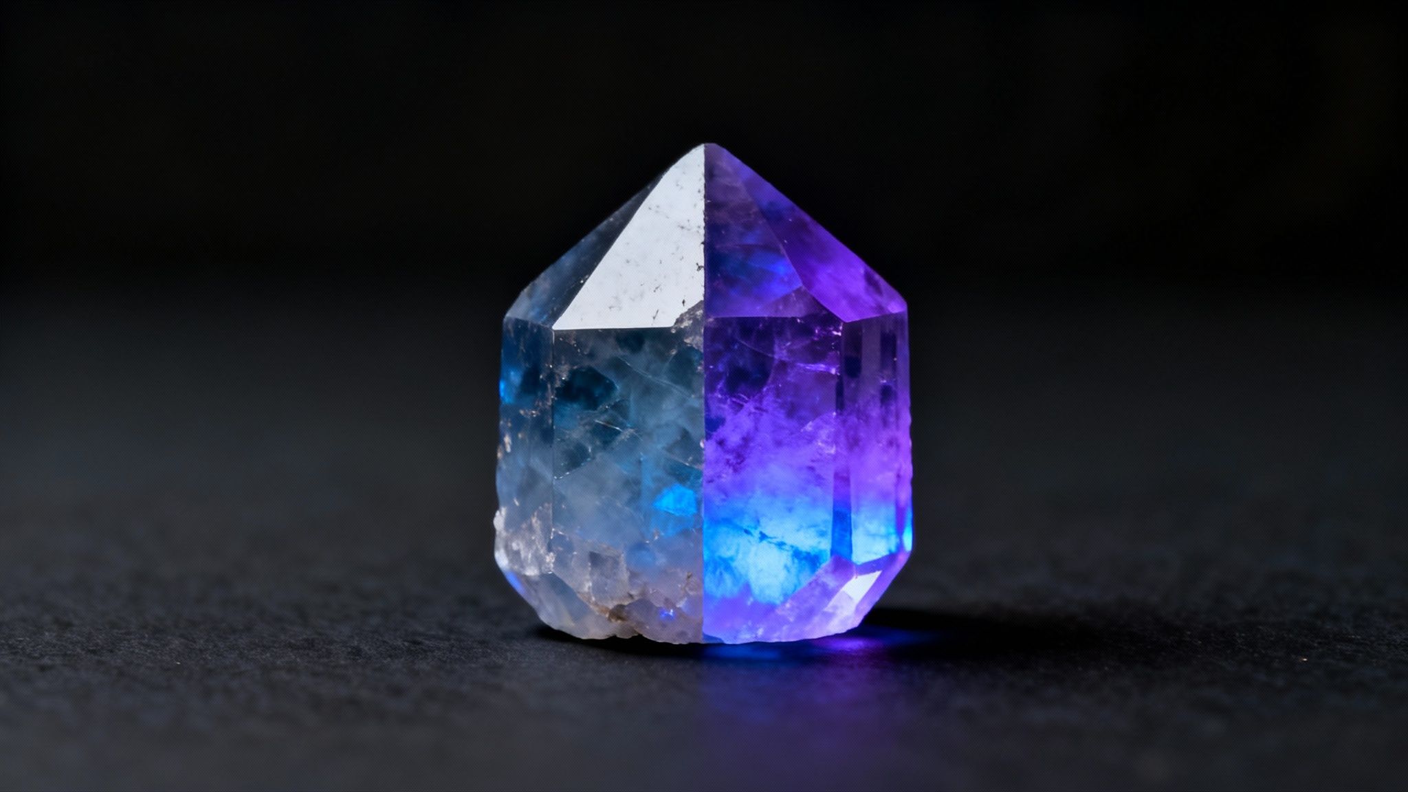 A vibrant crystal, half blue and half purple, glows intensely on a dark, textured background.