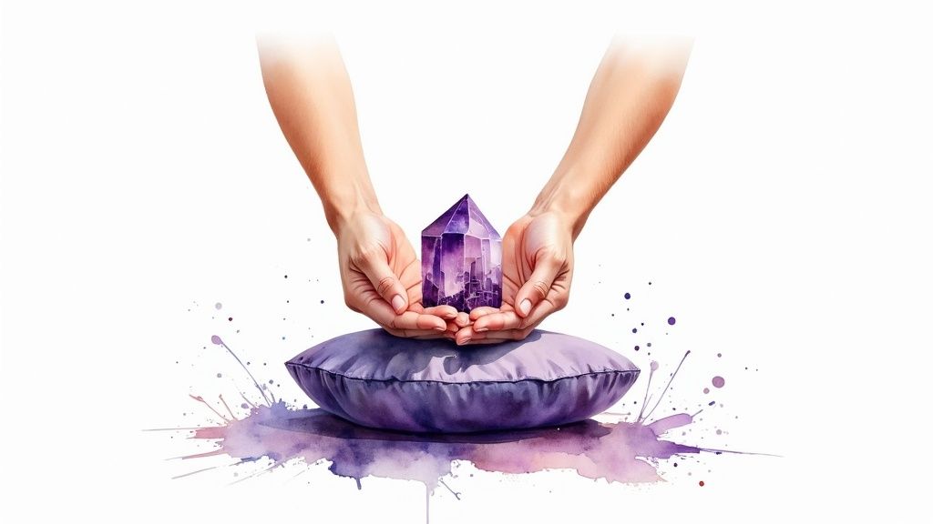 A person meditating with a purple crystal stone held in their hands.