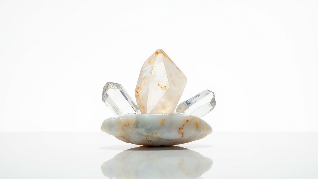 Three beautiful quartz crystals, one larger light brown and two clear, in a decorative stone holder.