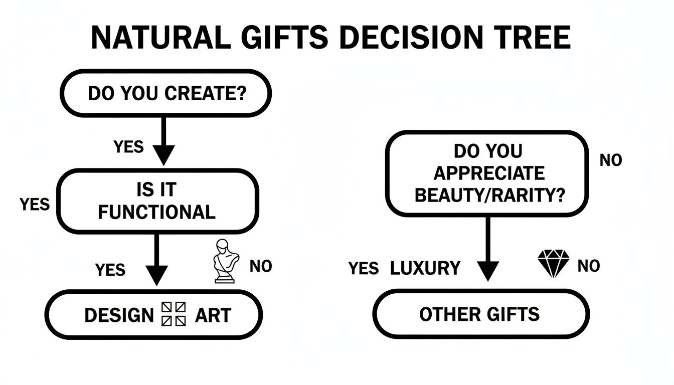 A natural gifts decision tree flow chart classifying items into design, art, luxury, or other gifts.