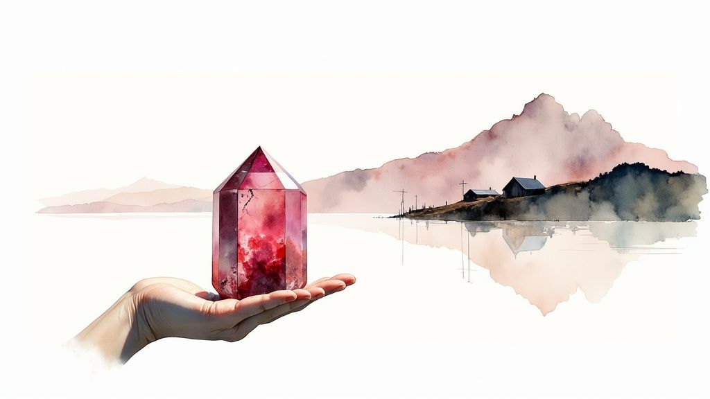Hand holding pink crystal gemstone with watercolor landscape reflection symbolizing home and discovery