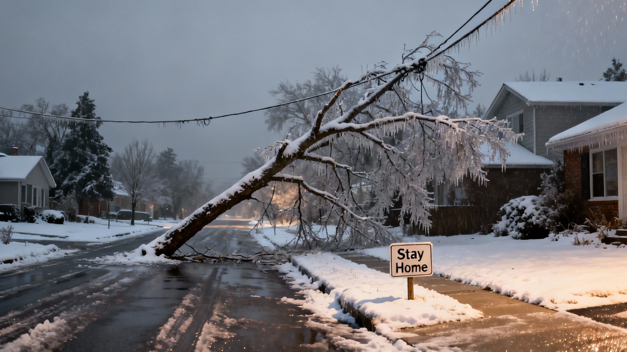 A fallen tree blocks a snowy street with a 'Stay Home' sign during an ice storm.