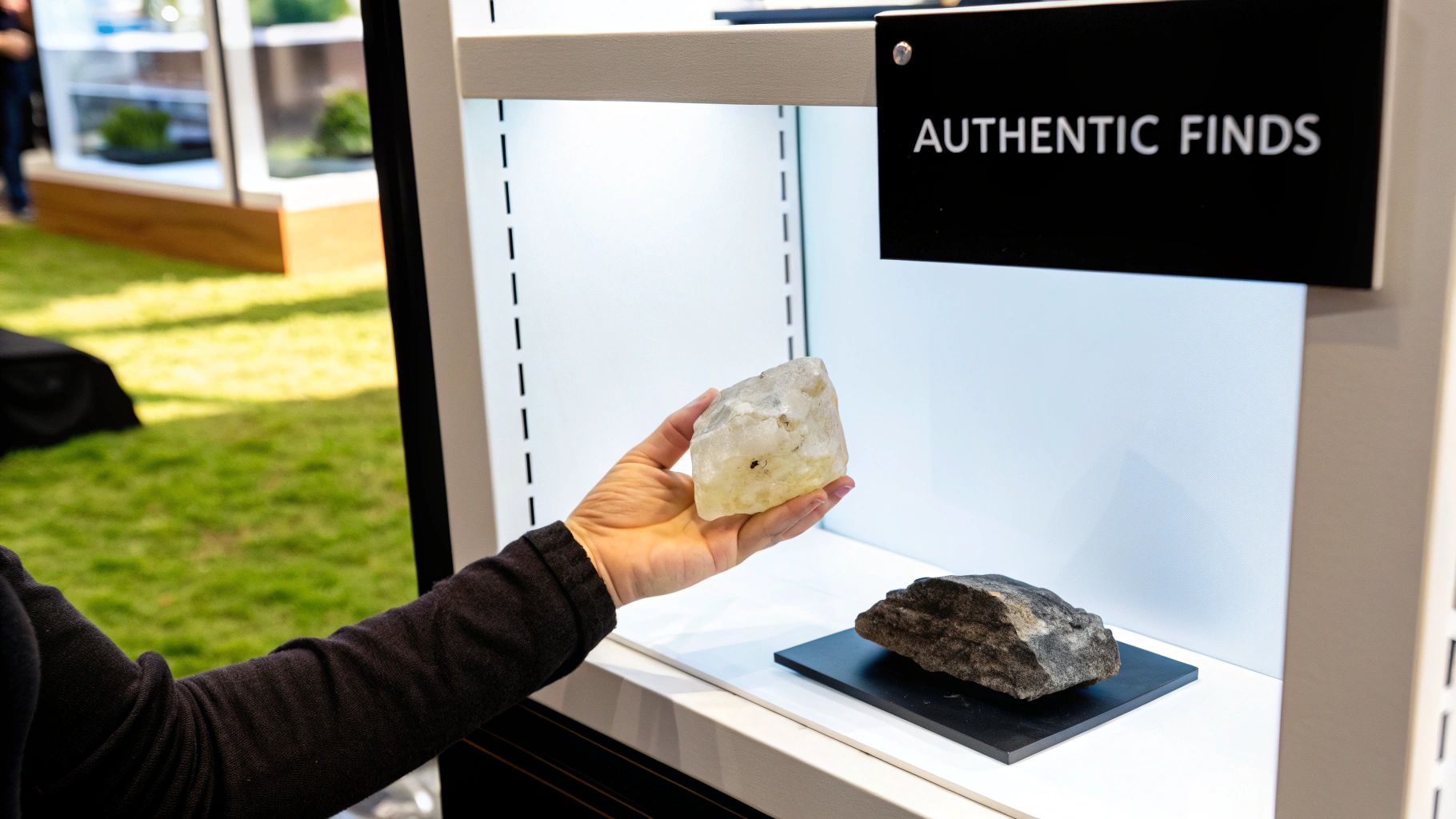 Close-up of a hand holding a large, raw crystal in a display with "AUTHENTIC FINDS" sign.