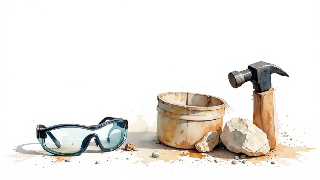 Essential tools for gemstone mining, including a rock hammer, safety glasses, and classifiers, laid out on a wooden surface.