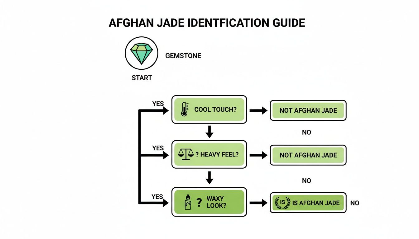 Flowchart guide to identify Afghan jade based on cool touch, heavy feel, and waxy look.