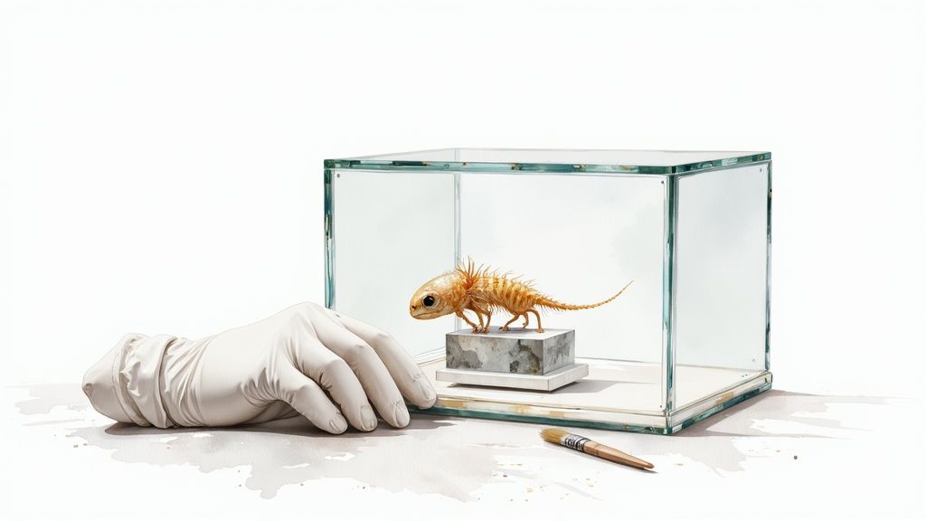 Glass display case containing orange lizard specimen with white gloved hand reaching toward it